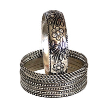 Load image into Gallery viewer, Oxidised Silver Bangles Set Floral Prominent (3 Designs in 1 Set)