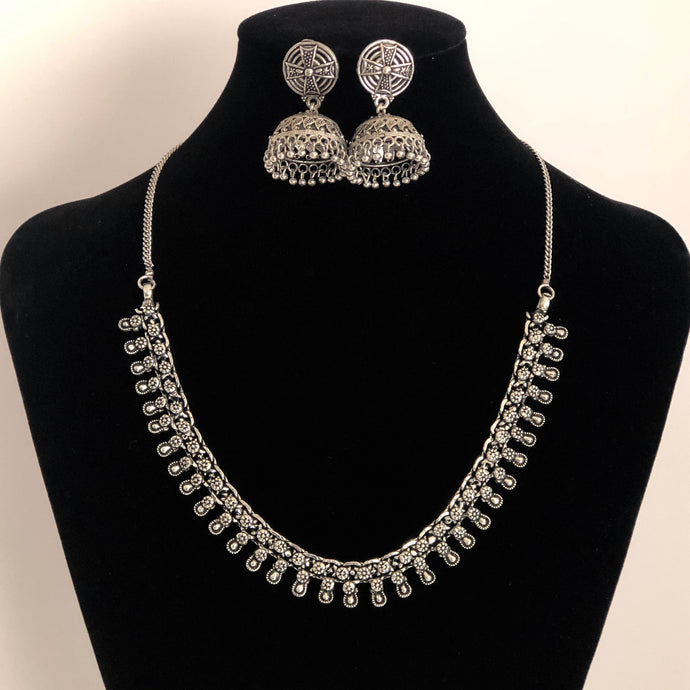 Silver Oxidised Necklace Set (Silver Cross Jhumka)