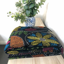 Load image into Gallery viewer, Queen Size Bright Black Nakshi Kantha Embroidered Cotton Bed Cover