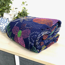 Load image into Gallery viewer, Blue Nakshi Kantha Embroidered Cotton Bed Cover