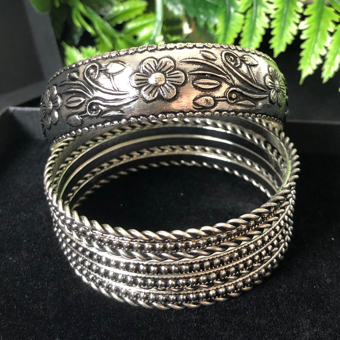 Oxidised Silver Bangles Set Floral Prominent (3 Designs in 1 Set)