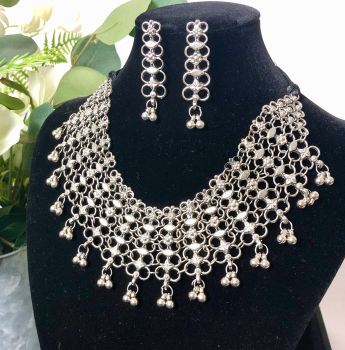Oxidised Silver Trendy Large Necklace Set