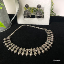 Load image into Gallery viewer, Oxidised Silver Tribal Choker Kolapuri Necklace Set with Jhumka
