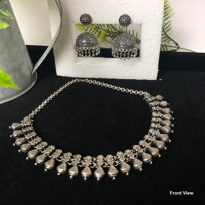 Oxidised Silver Tribal Choker Kolapuri Necklace Set with Jhumka