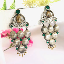 Load image into Gallery viewer, Dual Tone Green Stone Oxidised Earrings pair
