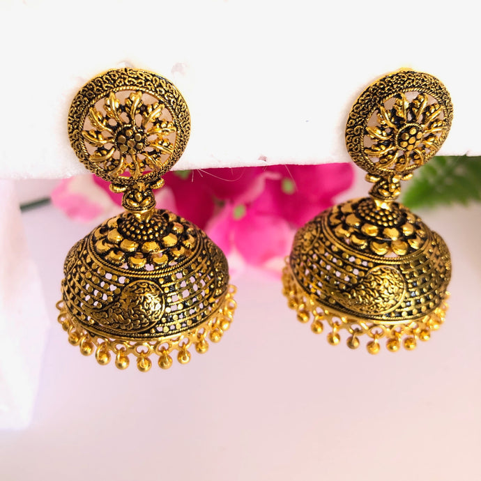 Antique Style Golden Leaf Jhumka Earrings