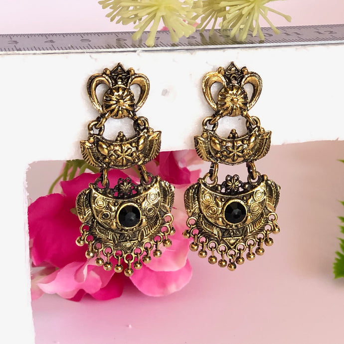 Antique Golden Black Stoned Tribal Earrings Pair