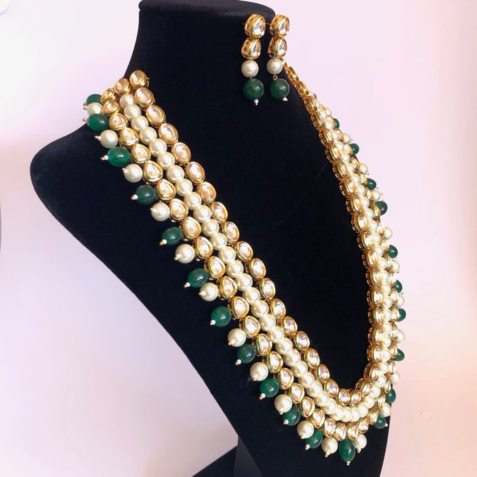Green Onyx, Artificial Pearls & Kundan Long Necklace Jewellery Set
