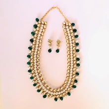 Load image into Gallery viewer, Green Onyx, Artificial Pearls &amp; Kundan Long Necklace Jewellery Set

