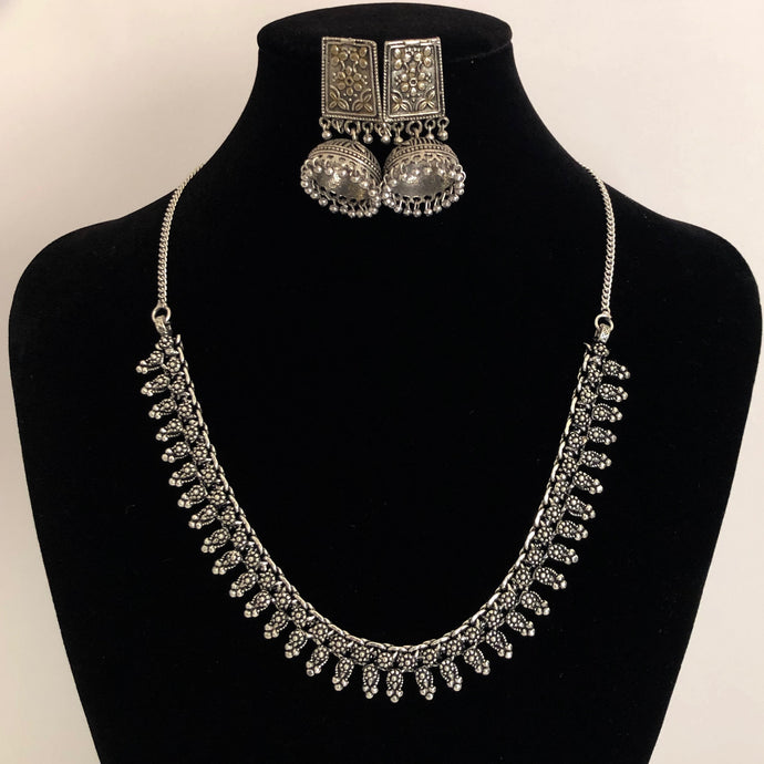 Silver Oxidised Necklace Set (Floral Jhumka)