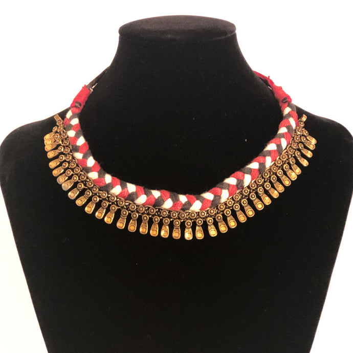 Multi Colour Tribal Thread Necklace with Antique Gold and Silver Finish