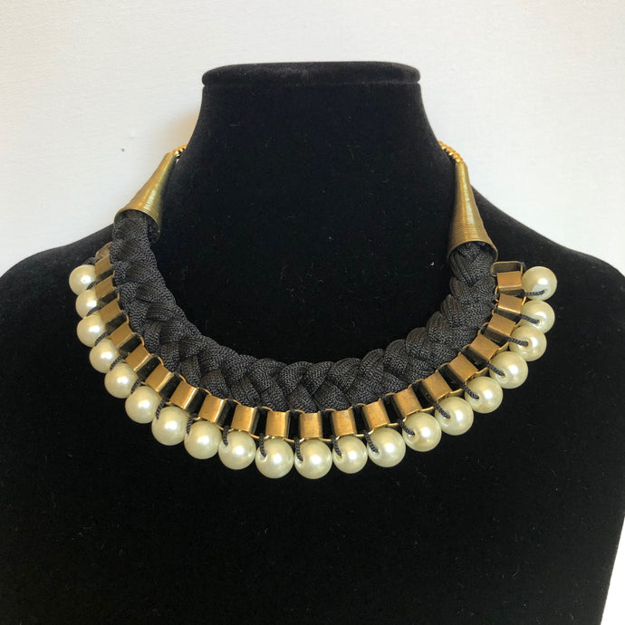 Black Thread Necklace with artificial Peal and Antique Gold Finish