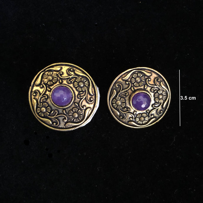 Purple Eye Antique Golden Floral Stud Earrings pair