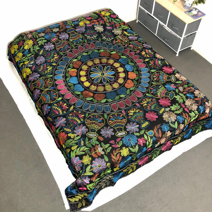 Queen Size Exotic Black Nakshi Kantha Embroidered Cotton Bed Cover
