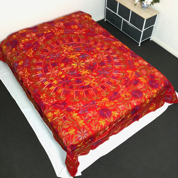 Queen Size Red Nakshi Kantha Embroidered Cotton Bed Cover