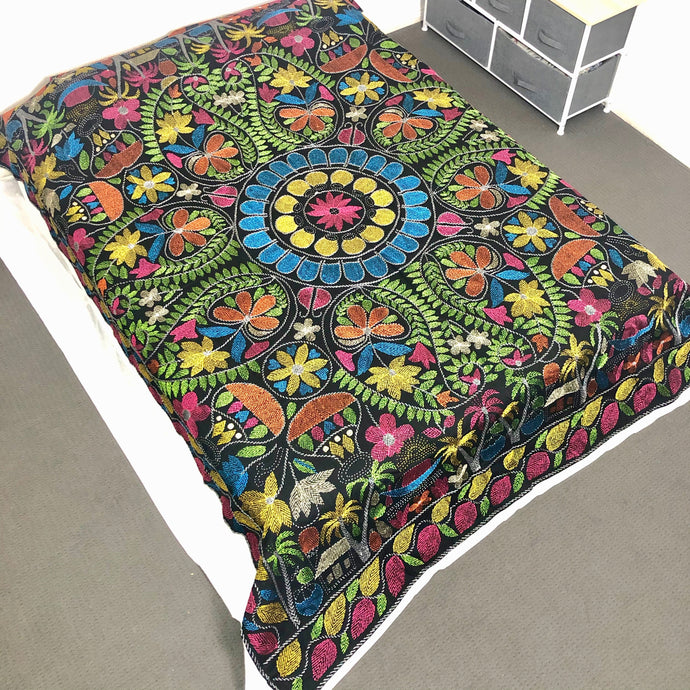 Queen Size Bright Black Nakshi Kantha Embroidered Cotton Bed Cover