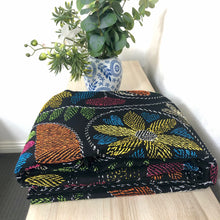Load image into Gallery viewer, Queen Size Bright Black Nakshi Kantha Embroidered Cotton Bed Cover
