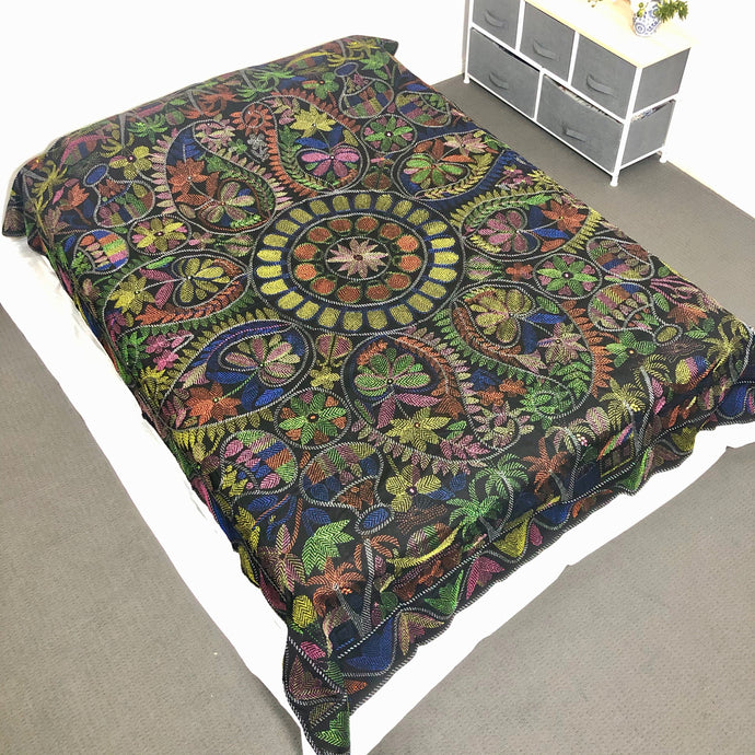 Queen Size Black Nakshi Kantha Embroidered Cotton Bed Cover