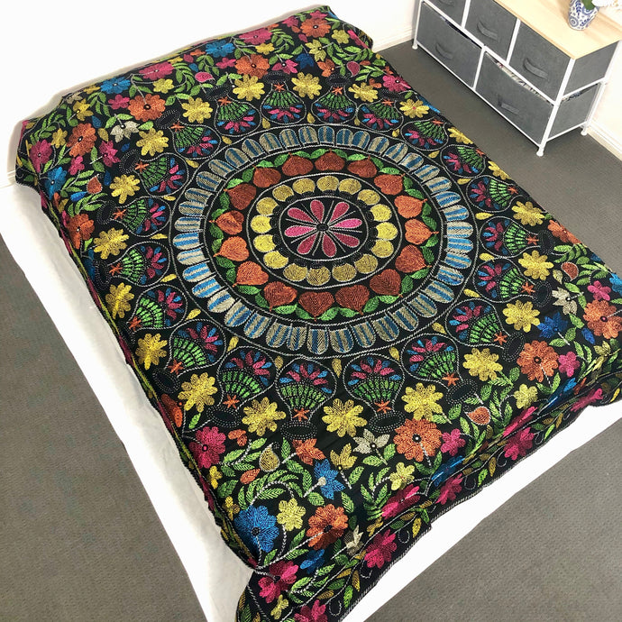 Queen Size Bohemian Black Nakshi Kantha Embroidered Cotton Bed Cover