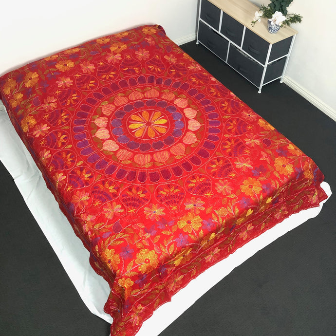 Queen Size Red Bohemian Nakshi Kantha Embroidered Cotton Bed Cover