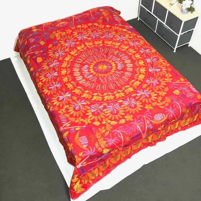 Queen Size Red Boho Floral Nakshi Kantha Embroidered Cotton Bed Cover