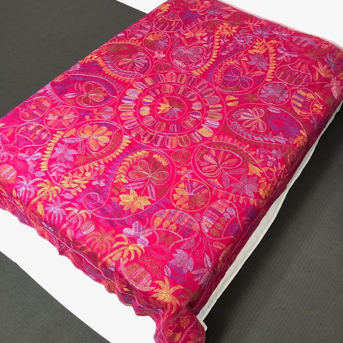 Queen Size Pink Nakshi Kantha Embroidered Cotton Bed Cover