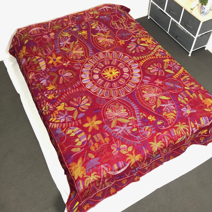 Queen Size Maroon Nakshi Kantha Embroidered Cotton Bed Cover