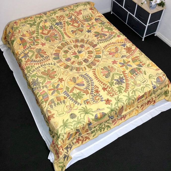 Queen Size Yellow Nakshi Kantha Embroidered Cotton Bed Cover