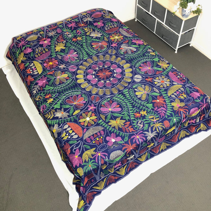 Blue Nakshi Kantha Embroidered Cotton Bed Cover