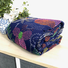 Load image into Gallery viewer, Blue Nakshi Kantha Embroidered Cotton Bed Cover
