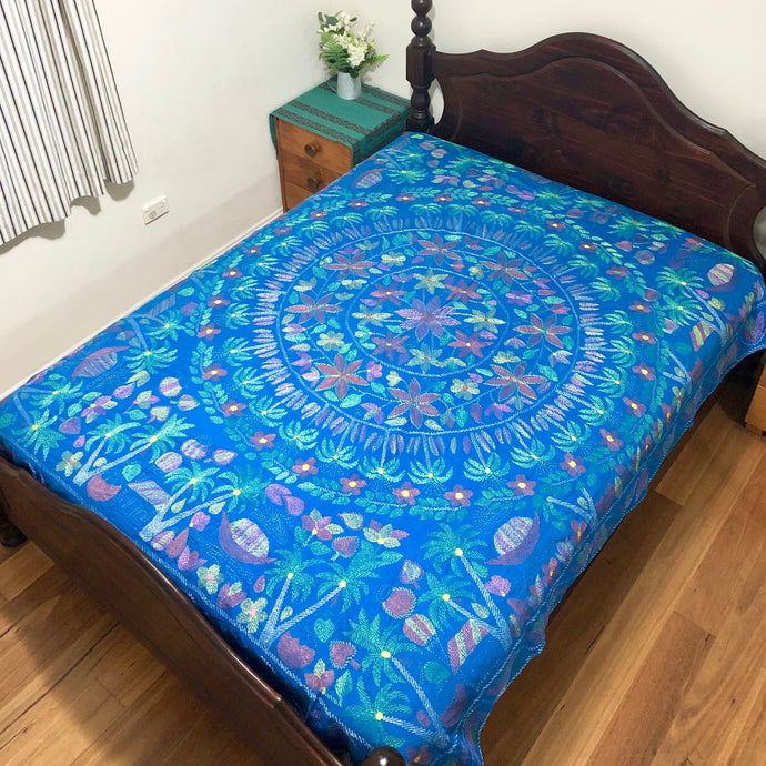 Queen Size Turquoise Nakshi Kantha Embroidered Cotton Bed Cover