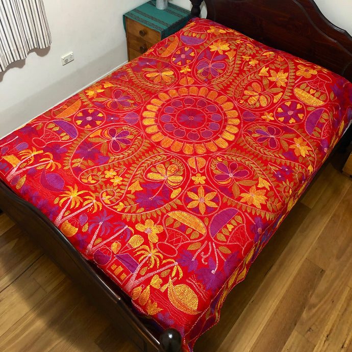 Queen Size Red Nakshi Kantha Embroidered Cotton Bed Cover Kolka Design